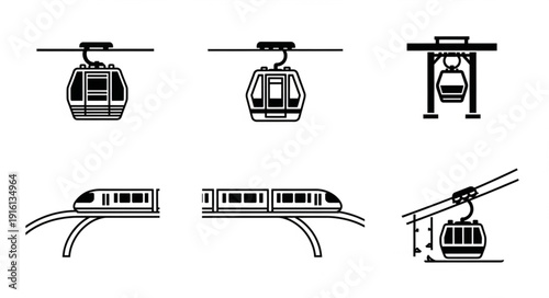 Set of icons representing different types of cable cars and monorails.