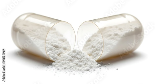Two open clear capsules with white powder spilled out on a plain surface