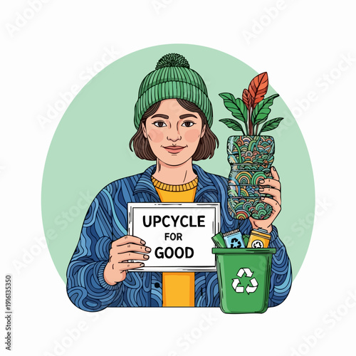 Woman holding upcycled plant pot and sign promoting good.