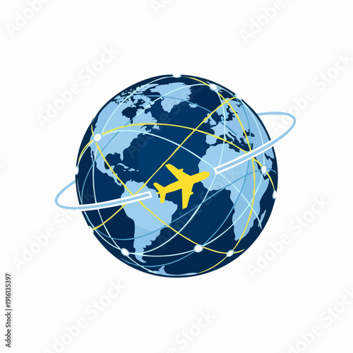 Yellow airplane flying around the globe with flight paths.