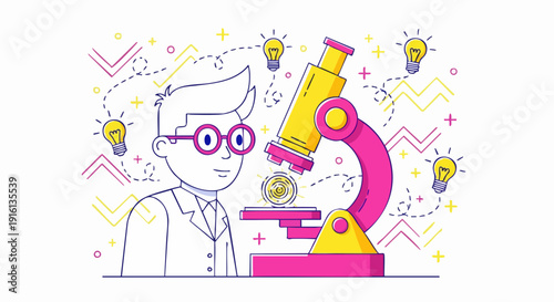 Young scientist observing sample under microscope with bright ideas surrounding him.