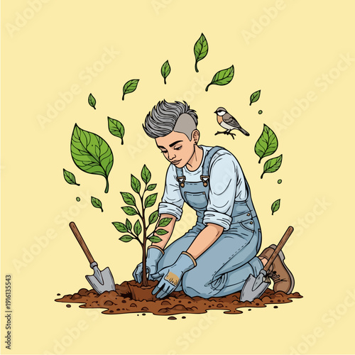 Young person planting a small tree with care.