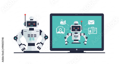 A vector graphic illustration of two robots interacting with a computer screen displaying various icons and symbols.