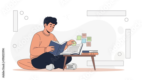 Young Man Reading Books on Floor, Studying and Learning Concept