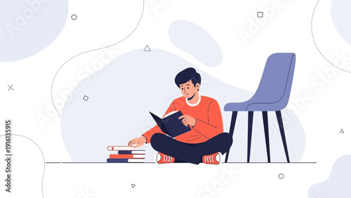 Young man reading books sitting on floor next to chair, flat illustration