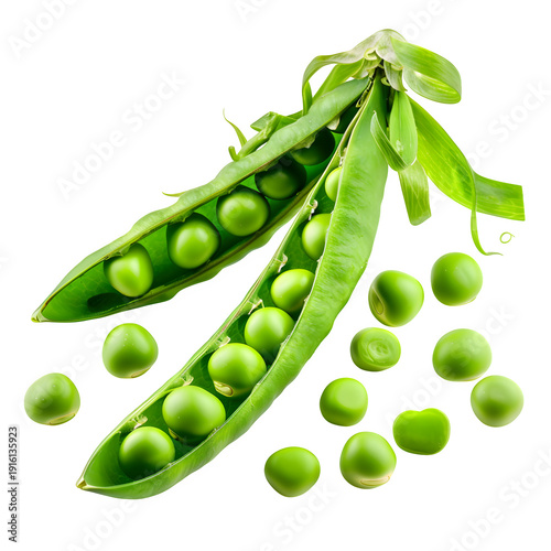 fresh green peas spilling from pod isolated on pure white background 