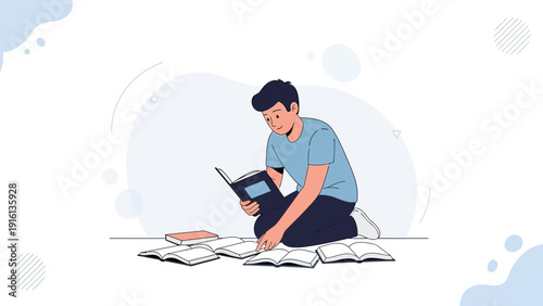 Young Man Reading Books Studying Knowledge Sitting on Floor