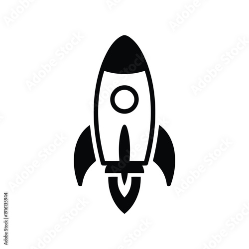 Black and white minimalist rocket with circular window and pointed nose spaceship symbol