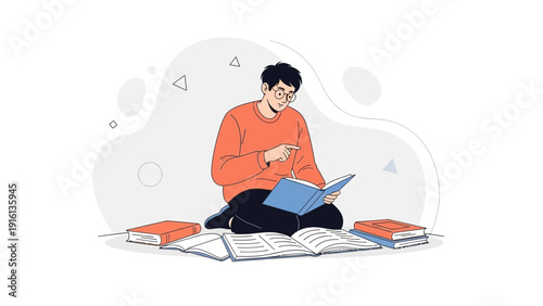 Young Man Reading Books, Studying, Isolated on White Background
