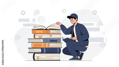 Young man reading stack of books, education, knowledge, learning concept