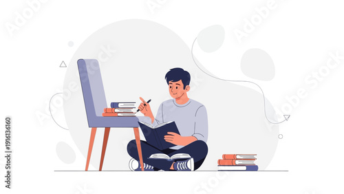 Young man studying books on the floor, learning and education concept