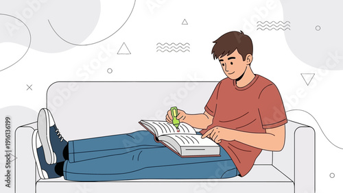 Young man studying on sofa, highlighting text in book, modern flat illustration