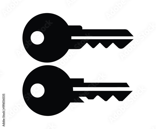 Two black and white minimalist key with circular heads and serrated edges keys symbol 1