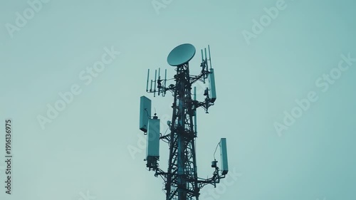 Telecommunication tower standing against a clear sky, featuring multiple antennas and transponders facilitating wireless communication infrastructure and digital connectivity