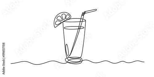 Minimalist continuous line drawing of a refreshing glass of lemonade with a straw and lemon slice Vector, illustration