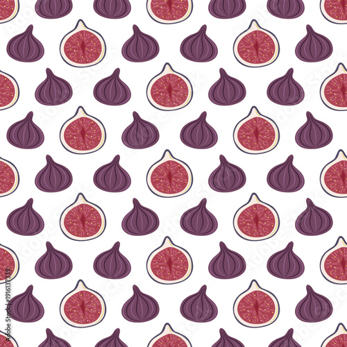 Seamless pattern with fig on white background. Stylized whole fruit and slices. Simple flat vector illustration.