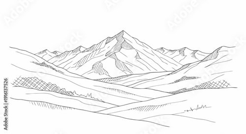 Detailed Pencil Drawing of Mountain Landscape.