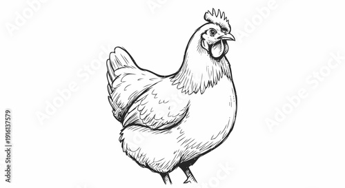 Black and White Chicken Illustration Standing.