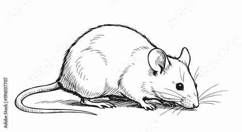 Detailed black and white mouse illustration.