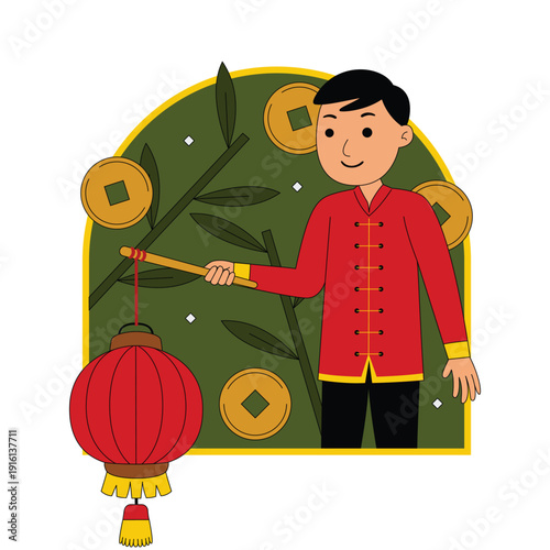 Man Hanging Lantern With Bamboo and Coins