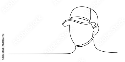 Continuous line drawing of a faceless person wearing a baseball cap against a white background. Vector, illustration