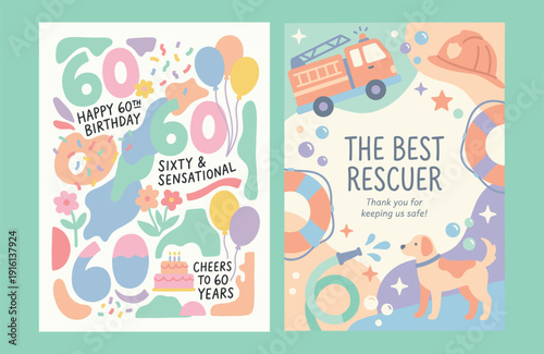 Greeting Cards Set: Happy 60th Birthday and Best Rescuer. Flat Vector Illustration.