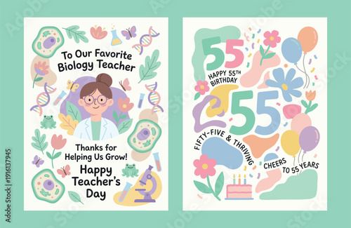 Greeting Cards Set: Biology Teacher and Happy 55th Birthday. Flat Vector Illustration.
