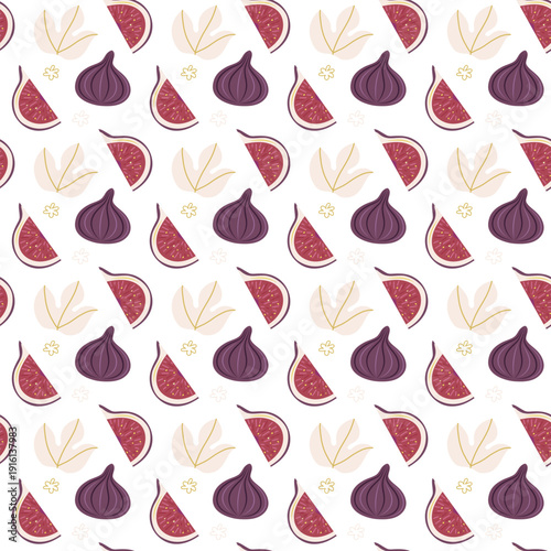 Seamless pattern with fig and leaf on white background. Stylized whole fruit and slices. Simple flat vector illustration.