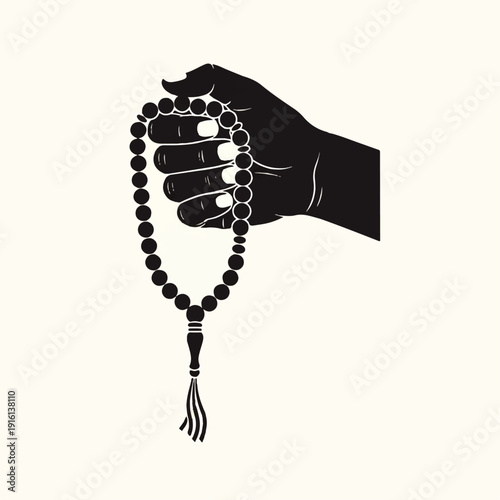 Hand Holding Black Prayer Beads Silhouette.