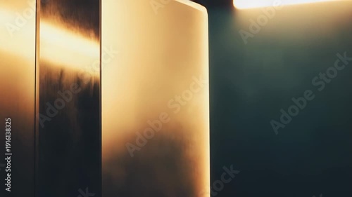 Metallic panels with a textured surface reflecting warm natural light, creating a strong contrast against a dark background, highlighting architectural detail and modern design