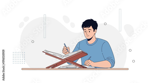 Young Muslim man studying the Quran, learning Islamic faith, writing notes
