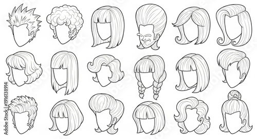 Collection of diverse hairstyles drawn in a sketch style.
