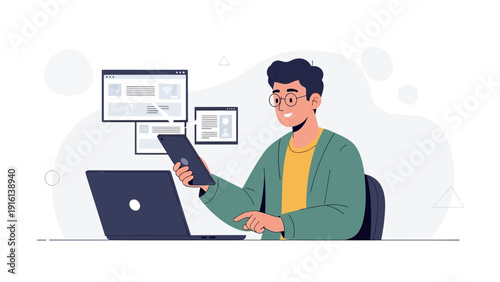 Young man using laptop and tablet, working remotely, flat design illustration