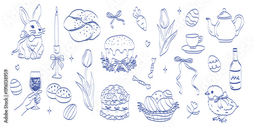 Cute Spring and Easter illustration set in rustic village doodle sketch style. Easter eggs, bunnies, flower, rabbit and chicken. Hand-drawn elements for decorations, greeting cards, invitations.