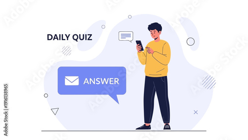 Young Man Using Smartphone for Daily Quiz Answer Notification