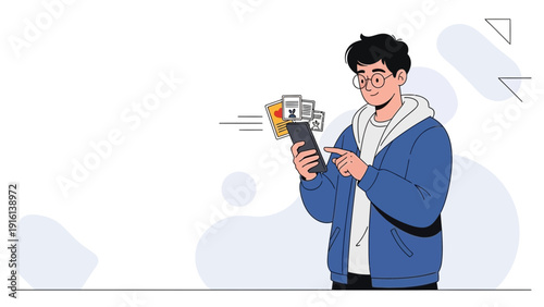 Young man using smartphone for online shopping and payments with credit cards