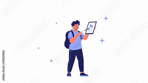 Young man with backpack using digital tablet and stylus, learning or working remotely