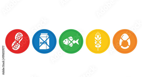Colorful circular icons graphically communicate major food allergens that must be avoided for dietary restrictions and health awareness