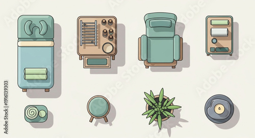 Collection of retro furniture and home decor items viewed from above.