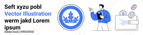 Financial safety, digital payments, data protection, investment, electronic wallets, technology advancements. Professional pointing at a secure wallet and leaf emblem. Financial safety and data