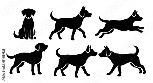 Set of Dog Silhouettes in Various Poses: Sitting, Walking, Running, Standing
