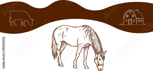 Vintage farm emblem with grazing horse, cow silhouette and rustic barn in brown tones.