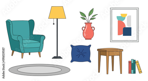 Collection of stylized interior design elements featuring a comfortable teal wingback chair beside a yellow lampshade and abstract art print for home decor concepts