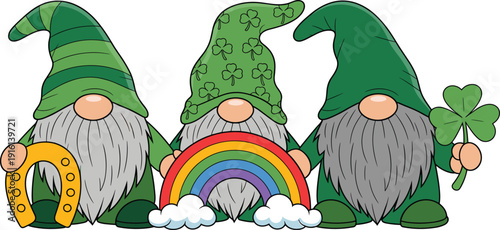 Three garden gnomes for St. Patrick's Day celebration with rainbow clover and lucky horseshoe vector illustration