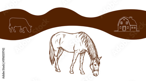Vintage farm emblem with grazing horse, cow silhouette and rustic barn in brown tones.