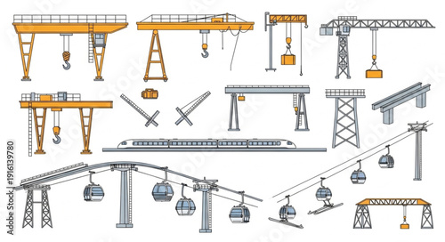 Collection of various industrial cranes and cable cars.