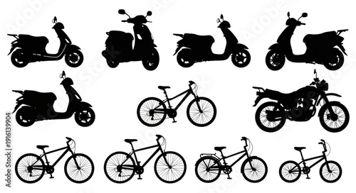 Collection of Scooter Motorcycle and Bicycle Silhouettes.