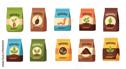 Collection of colorful flat design icons representing various types of organic gardening fertilizers and seed packets ready for planting.
