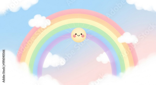 Happy Cartoon Rainbow with Smiling Face in Cloudy Blue Sky
