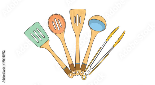 A delightful collection of five essential cooking utensils including spatulas a slotted spoon a ladle and metal tongs fanned out together